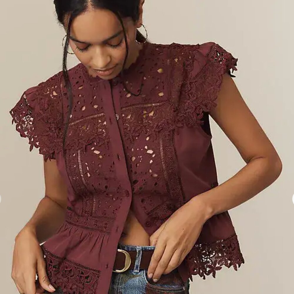Anthropologie lace-inset blouse - burgundy plum, Size XS (fits like Small)